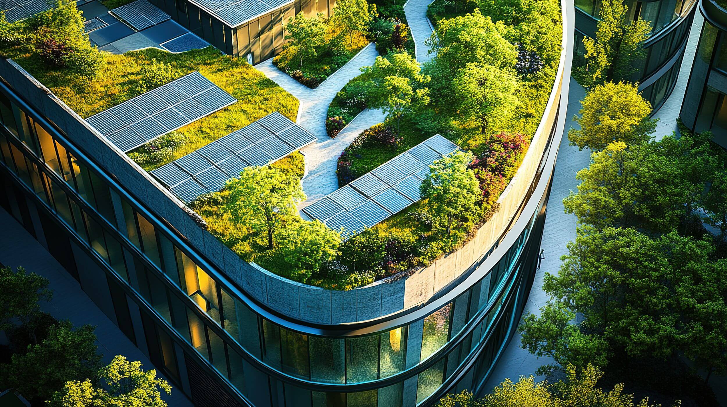 Green rooftop with solar panels, trees, and walkways on a modern curved building with sustainable design.