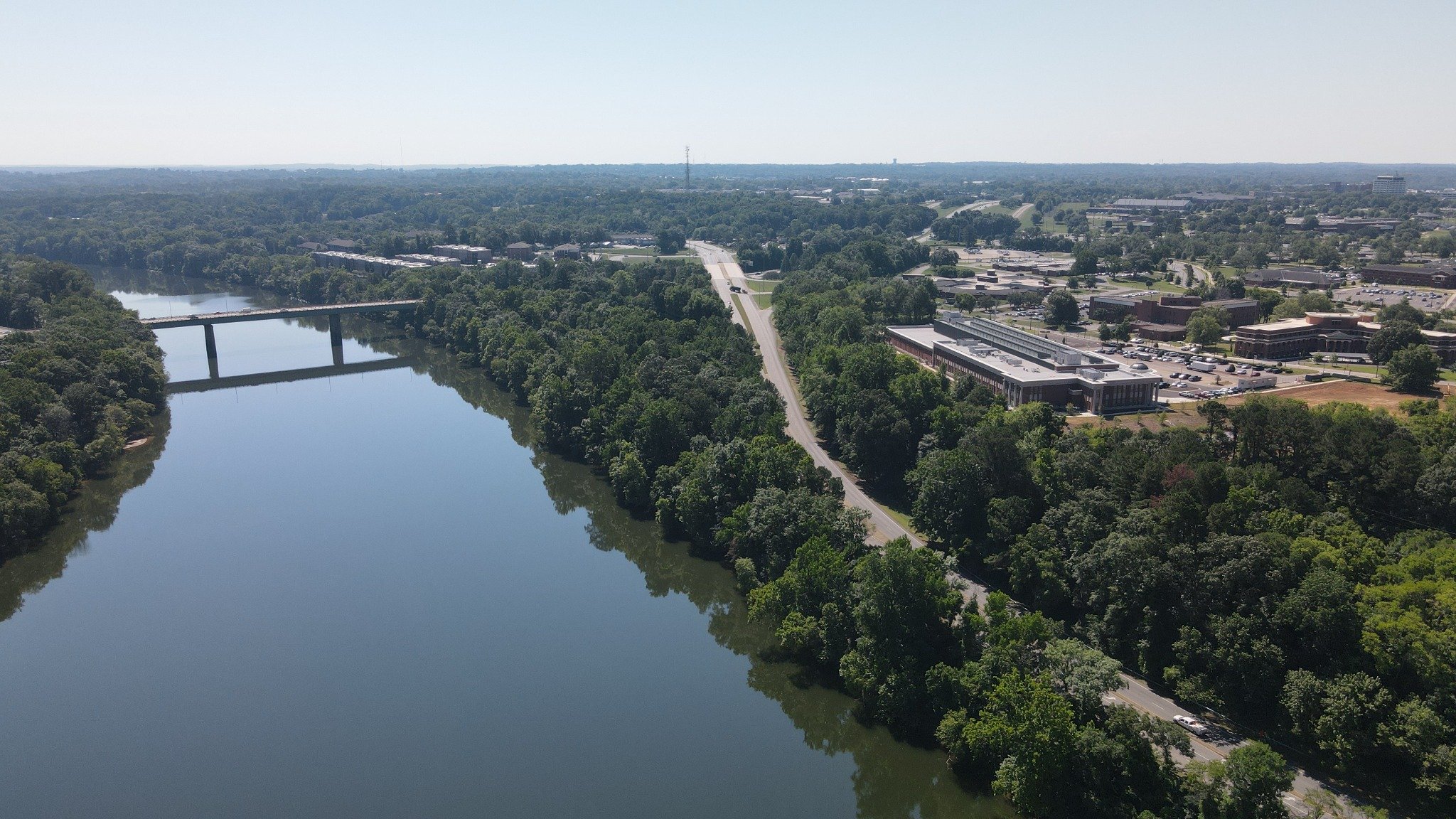 An aerial view of the USGS Hydrologic Instrumentation Facility and river